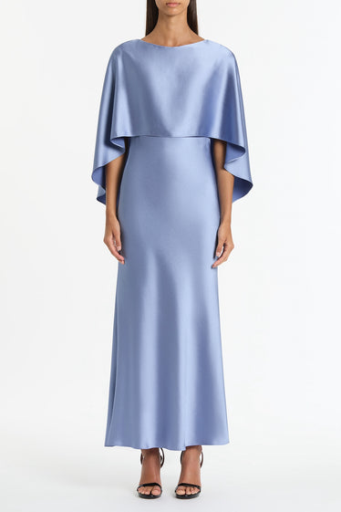 CORNFLOWER SATIN CAPE DRESS