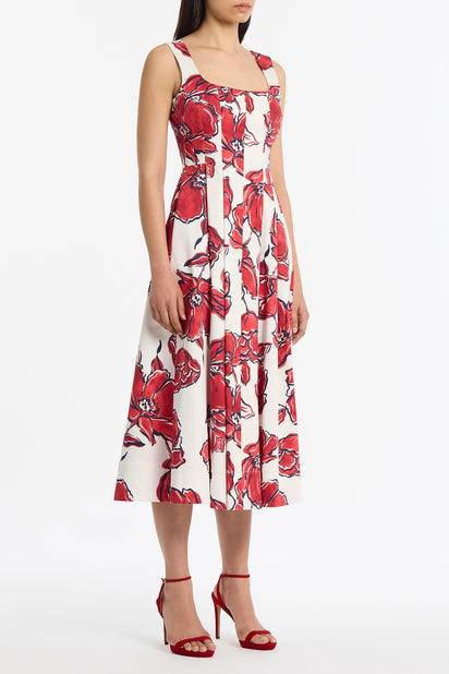 CRIMSON BOUQUET SATEEN PANELLED MIDI DRESS