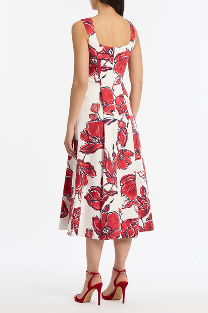 CRIMSON BOUQUET SATEEN PANELLED MIDI DRESS