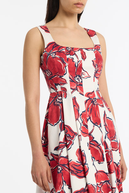 CRIMSON BOUQUET SATEEN PANELLED MIDI DRESS