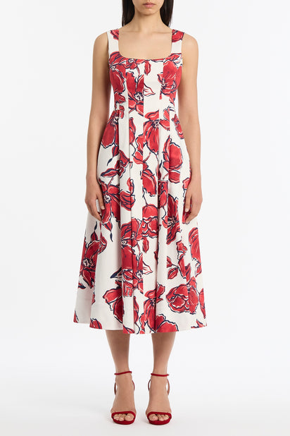 CRIMSON BOUQUET SATEEN PANELLED MIDI DRESS