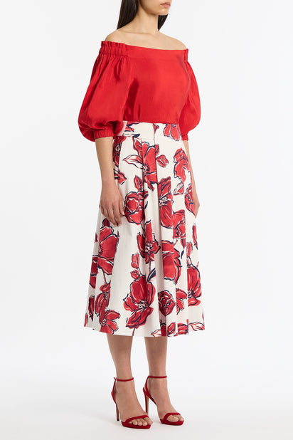 CRIMSON BOUQUET SATEEN PLEAT DETAIL SKIRT
