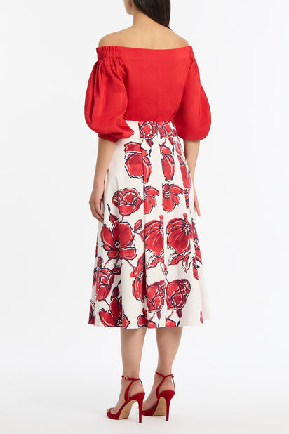 CRIMSON BOUQUET SATEEN PLEAT DETAIL SKIRT