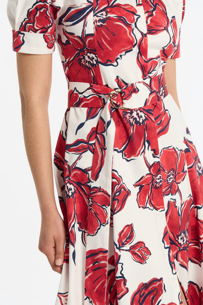 CRIMSON BOUQUET SATEEN SHIRT DRESS