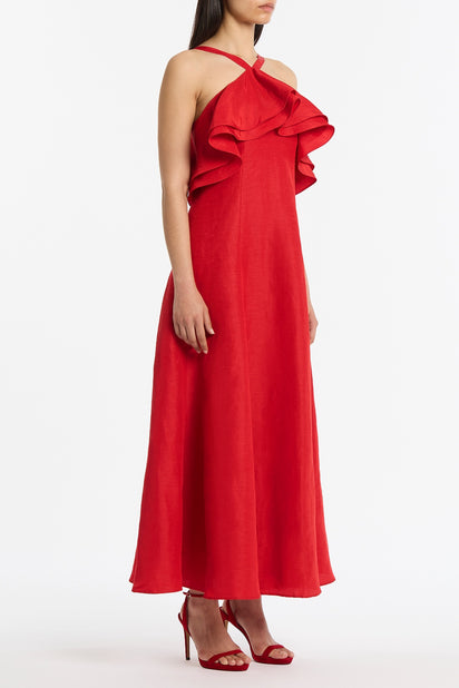CRIMSON LINEN BLEND FRILL MAXI DRESS