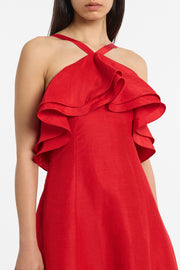 CRIMSON LINEN BLEND FRILL MAXI DRESS