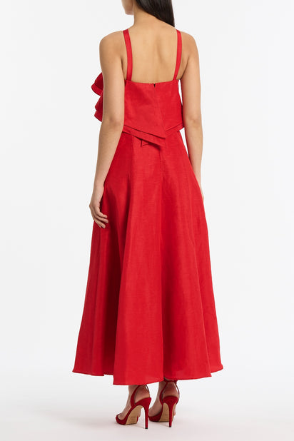CRIMSON LINEN BLEND FRILL MAXI DRESS