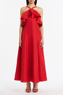 CRIMSON LINEN BLEND FRILL MAXI DRESS