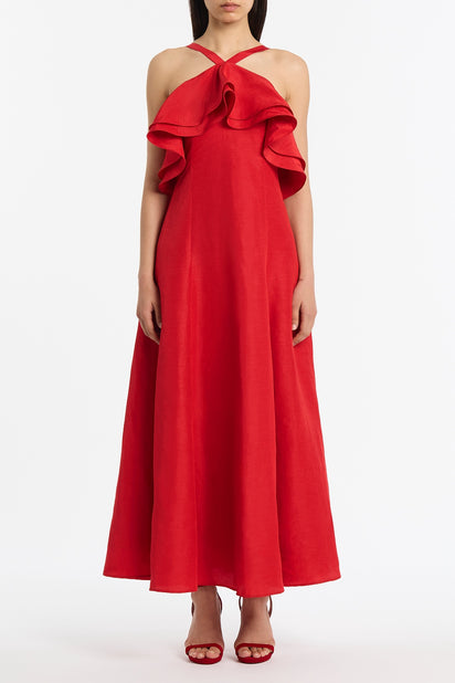 CRIMSON LINEN BLEND FRILL MAXI DRESS