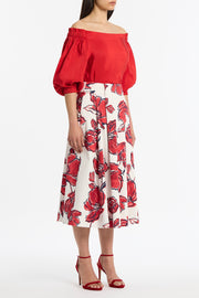 CRIMSON LINEN BLEND OFF-SHOULDER TOP