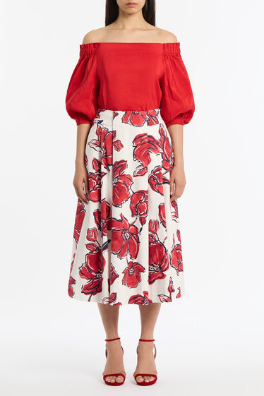 CRIMSON LINEN BLEND OFF-SHOULDER TOP