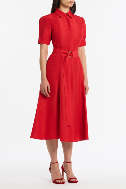 CRIMSON LINEN BLEND SHIRT DRESS