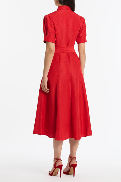 CRIMSON LINEN BLEND SHIRT DRESS