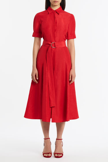 CRIMSON LINEN BLEND SHIRT DRESS