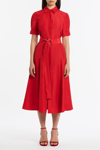 CRIMSON LINEN BLEND SHIRT DRESS