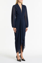 NAVY GEORGETTE V-NECK WATERFALL DRESS