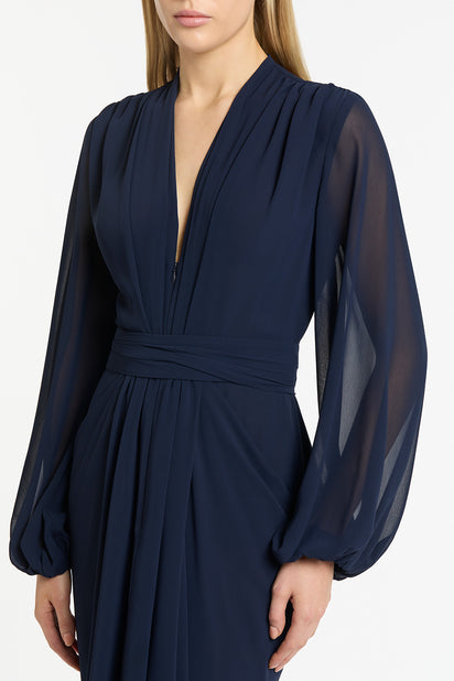NAVY GEORGETTE V-NECK WATERFALL DRESS
