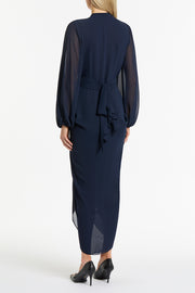 NAVY GEORGETTE V-NECK WATERFALL DRESS