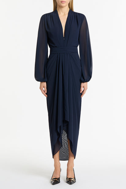 NAVY GEORGETTE V-NECK WATERFALL DRESS