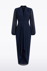 NAVY GEORGETTE V-NECK WATERFALL DRESS