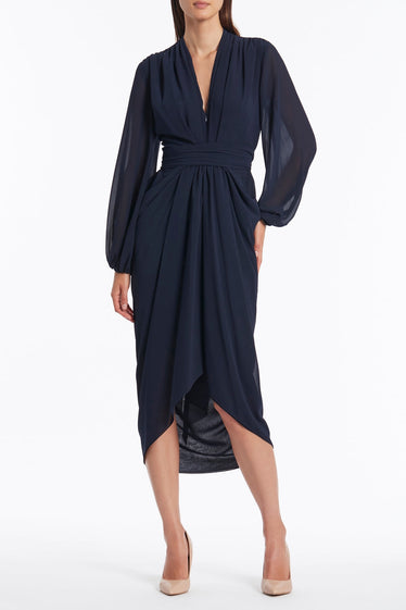 NAVY GEORGETTE V-NECK WATERFALL DRESS