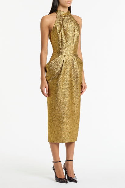 GOLD METALLIC BROCADE HALTER NECK DRESS