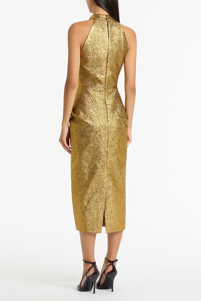 GOLD METALLIC BROCADE HALTER NECK DRESS