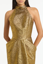 GOLD METALLIC BROCADE HALTER NECK DRESS