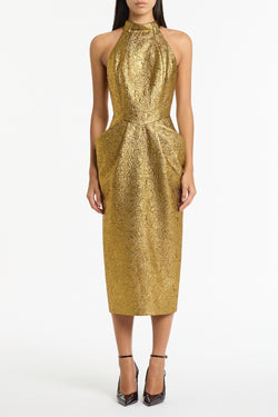 GOLD METALLIC BROCADE HALTER NECK DRESS