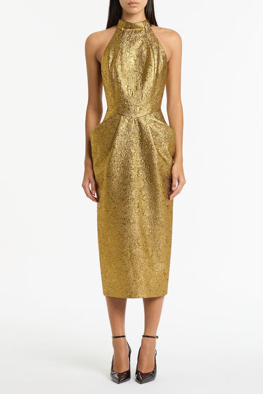 GOLD METALLIC BROCADE HALTER NECK DRESS