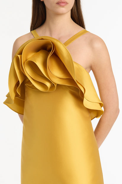 GOLDEN MATTE SATEEN SCULPTURAL FLOWER MINI DRESS