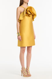 GOLDEN MATTE SATEEN SCULPTURAL FLOWER MINI DRESS