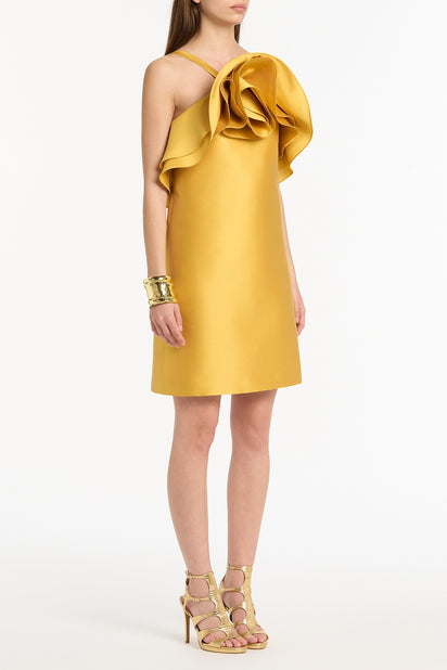 GOLDEN MATTE SATEEN SCULPTURAL FLOWER MINI DRESS