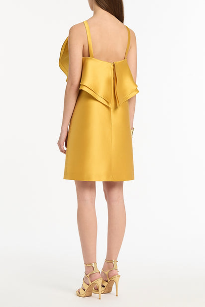 GOLDEN MATTE SATEEN SCULPTURAL FLOWER MINI DRESS