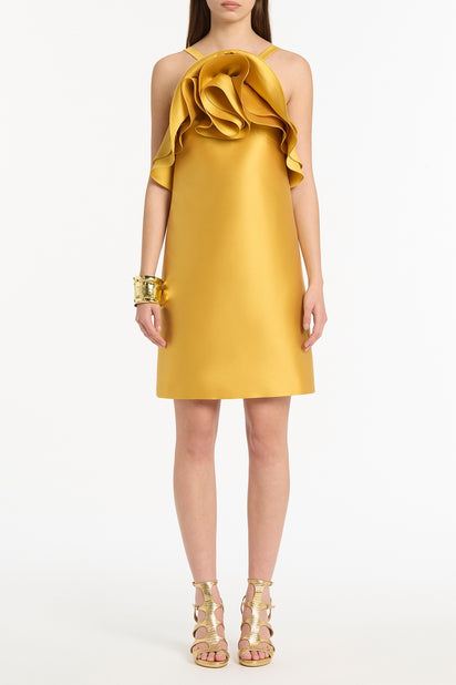 GOLDEN MATTE SATEEN SCULPTURAL FLOWER MINI DRESS Carla Zampatti GOLDEN MATTE SATEEN SCULPTURAL FLOWER MINI DRESS Carla Zampatti