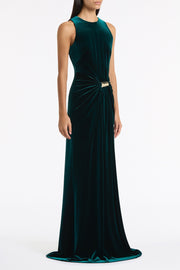 HUNTER GREEN VELVET GOLD DETAIL MAXI DRESS