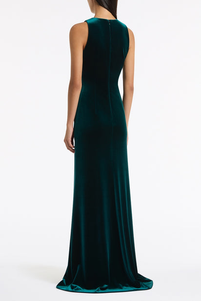HUNTER GREEN VELVET GOLD DETAIL MAXI DRESS