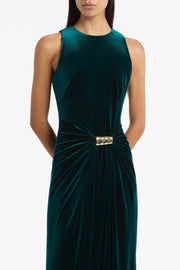 HUNTER GREEN VELVET GOLD DETAIL MAXI DRESS