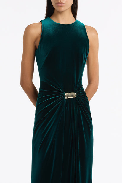 HUNTER GREEN VELVET GOLD DETAIL MAXI DRESS