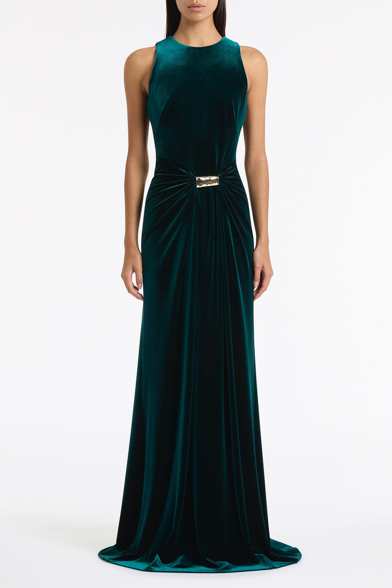 hunter green velvet dress Fall HUNTER GREEN VELVET GOLD DETAIL MAXI DRESS – Carla Zampatti Find Your Size