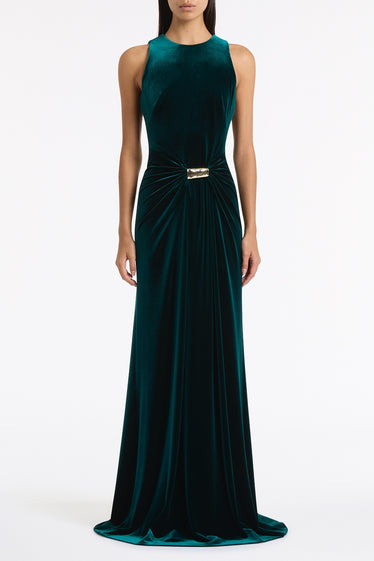 HUNTER GREEN VELVET GOLD DETAIL MAXI DRESS