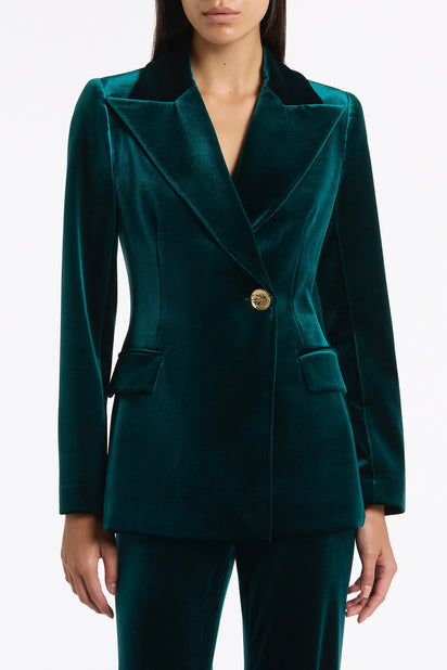 HUNTER GREEN VELVET LONGLINE JACKET