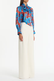 IMPASTO PRINT SILK TIE NECK BLOUSE