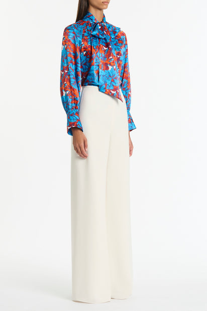 IMPASTO PRINT SILK TIE NECK BLOUSE
