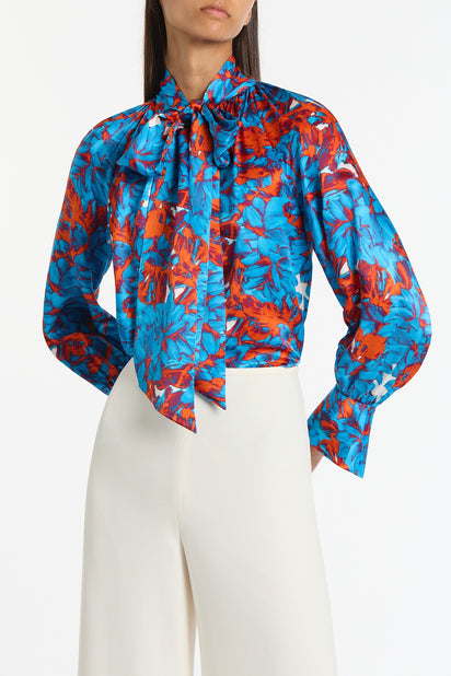 IMPASTO PRINT SILK TIE NECK BLOUSE