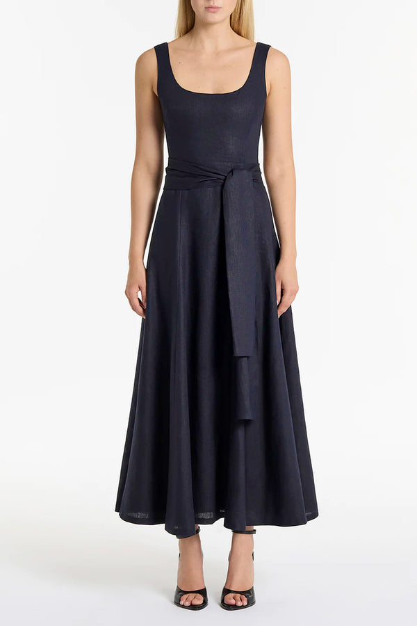 INK LINEN SQUARE NECK MIDI DRESS