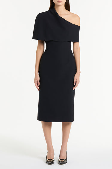 INK SATIN CREPE DRAPED COLLAR DRESS