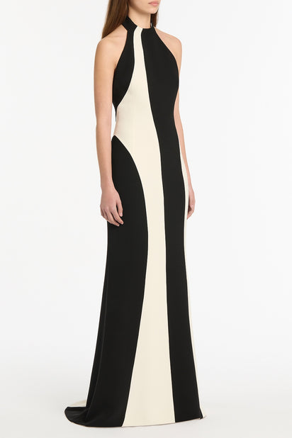 IVORY AND BLACK CREPE PANEL GOWN