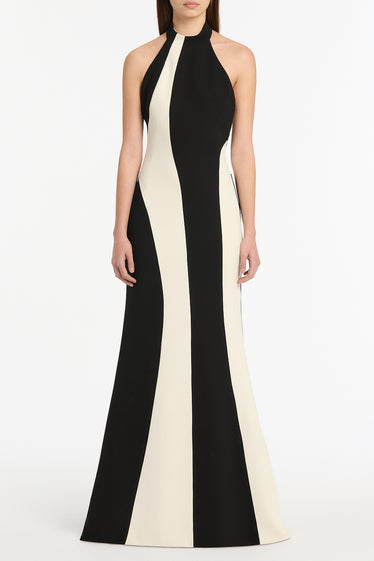 IVORY AND BLACK CREPE PANEL GOWN