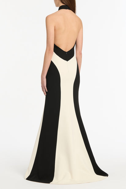 IVORY AND BLACK CREPE PANEL GOWN